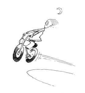 Illustration aus dem Buch «Mein Name ist René» : René fliegt mit dem Töff aus der Kurve.