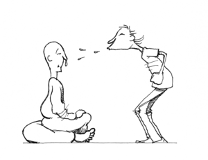 Illustration aus dem Buch «Mein Name ist René» : Im Meditationskurs spuckt ein Teilnehmer den Kursleiter an.